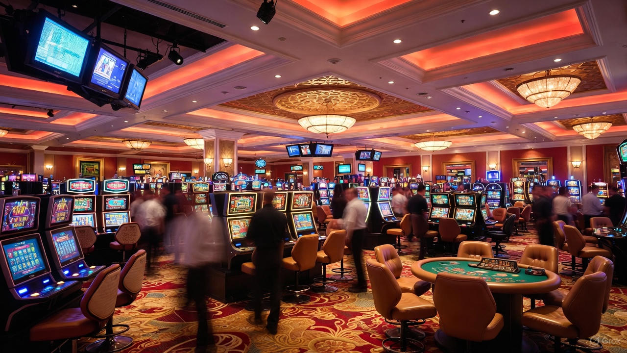 Wide view of Platinum Horizons casino floor with slot machines and table games
